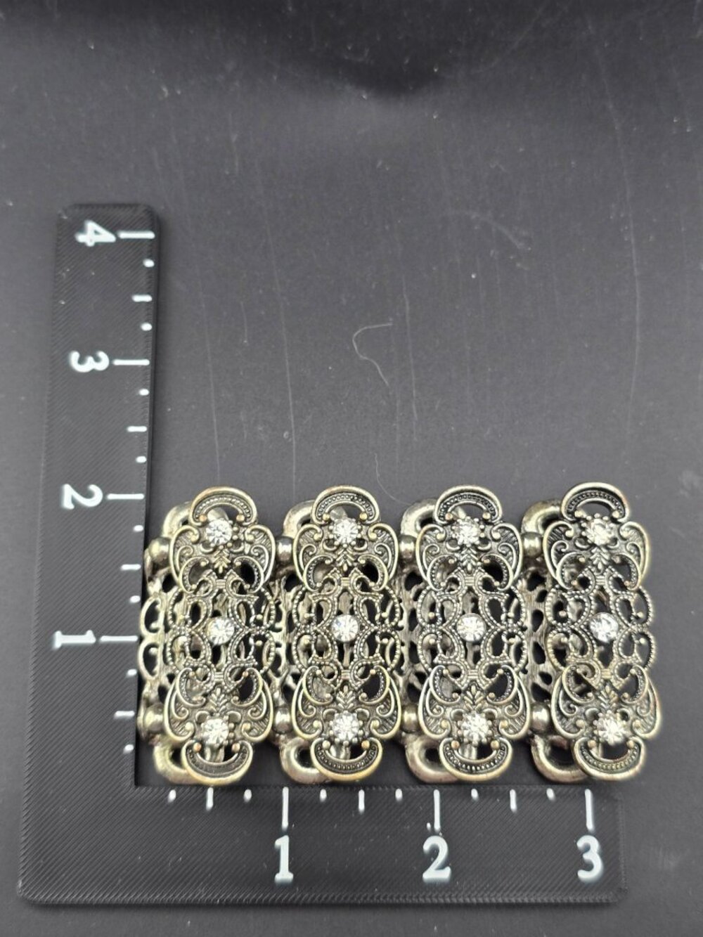 Gold and silver tone filigree Stretch Bracelet Rhinestone 6.25"- larger - Picture 6 of 8